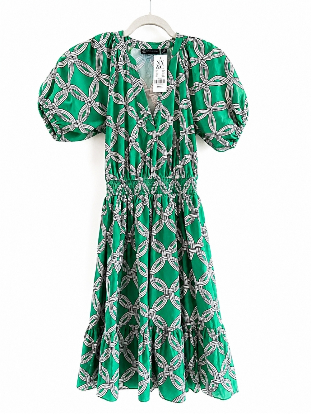 NY&C Green Chain Print Midi Dress NWT Puff Sleeve Smocked Waist Resort Small